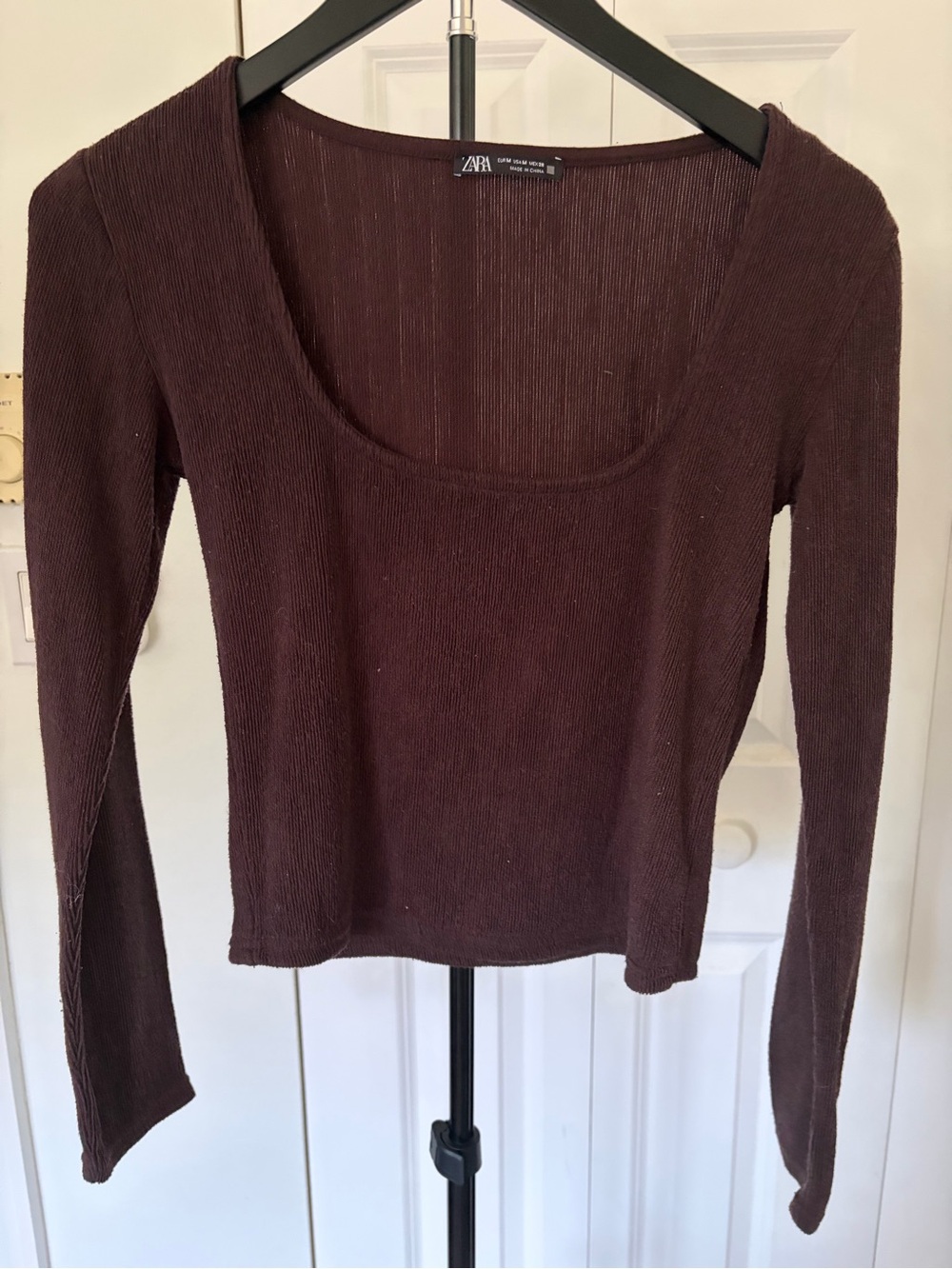 Zara Scoop Neck Long Sleeve Top — Deep Chocolate Brown